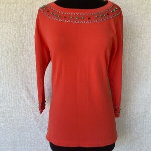 Coral Embellished Neckline Women’s Top